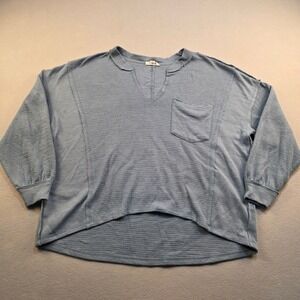 Blu Pepper Blue Textured‎ Knit V-Neck Pullover Top Raw Edge Pocket Small